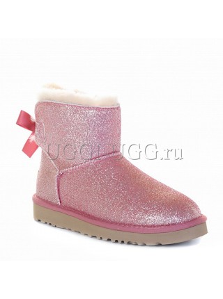 Женские угги мини с лентой розовые UGG Mini Bailey Bow Sparkle Boot Pink